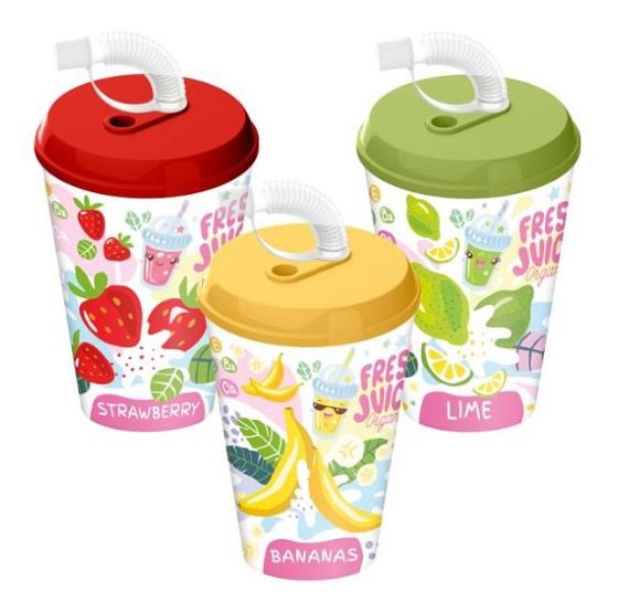 Стакан с крышкой 420мл с декором Fresh Juice с трубочкой с колпачком (микс)